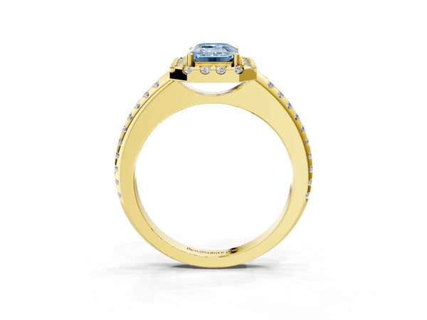 Yellow gold Fancy Blue Emerald Cut Diamond Pavé Halo Ring with Four-Prong Setting