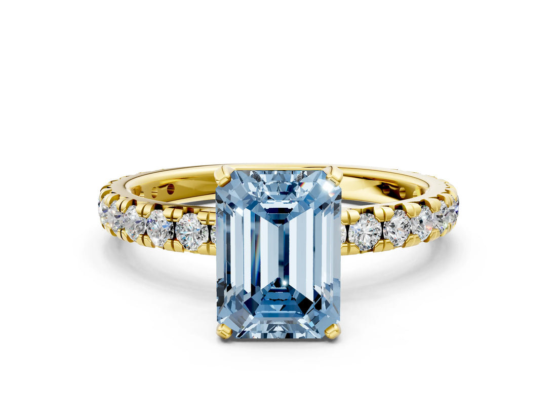 Yellow gold Fancy Blue Emerald Cut Diamond Pavé Solitaire Ring with Round Band and Prong Setting_12