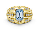 Yellow gold Fancy Blue Emerald Cut Diamond Pave Art Deco Split Shank Ring with Four-Prong Setting