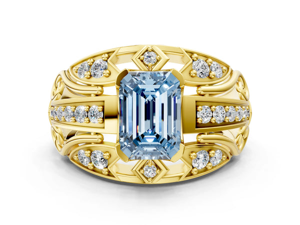 Yellow gold Fancy Blue Emerald Cut Diamond Pave Art Deco Split Shank Ring with Four-Prong Setting