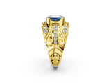 Yellow gold Fancy Blue Emerald Cut Diamond Pave Art Deco Split Shank Ring with Four-Prong Setting_2
