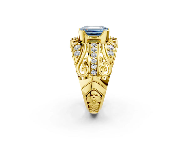 Yellow gold Fancy Blue Emerald Cut Diamond Pave Art Deco Split Shank Ring with Four-Prong Setting