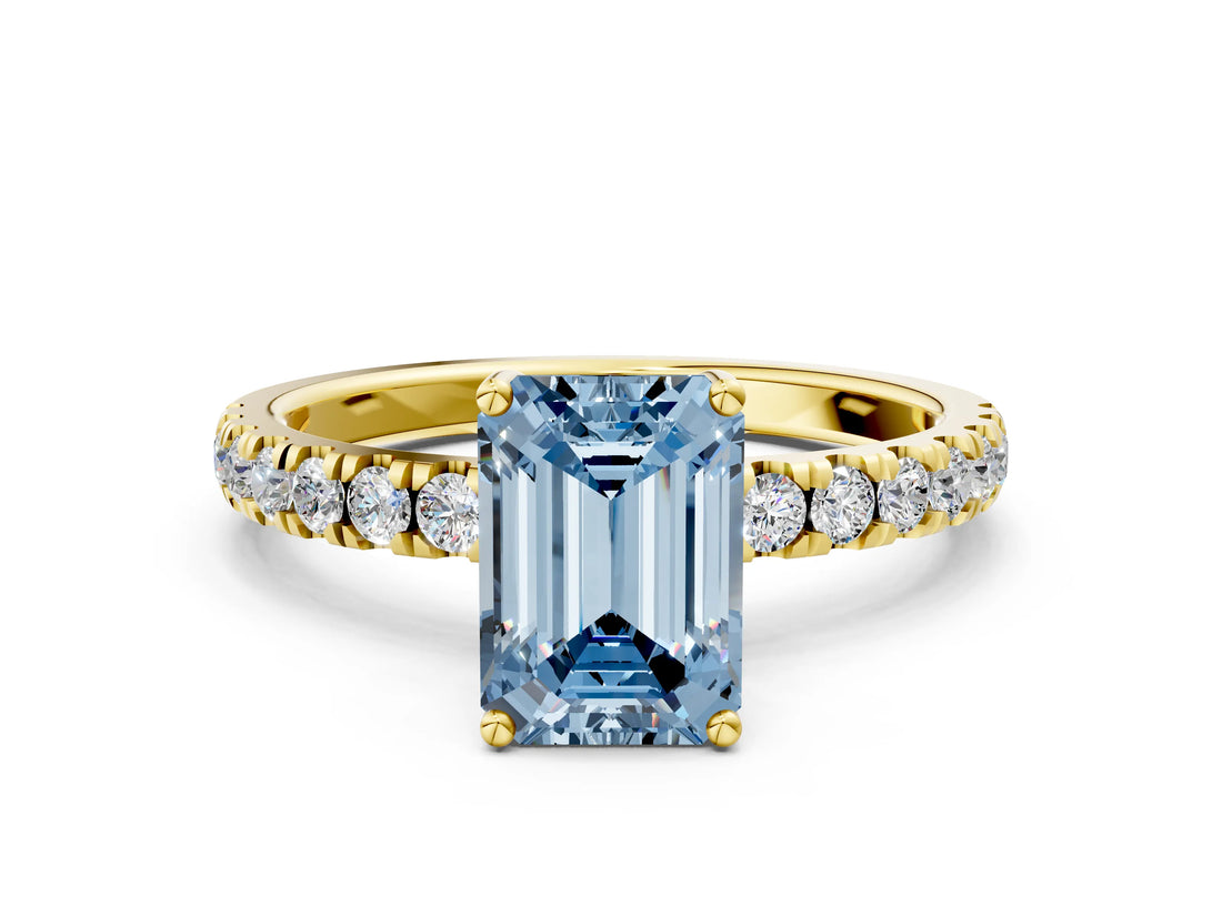 Yellow gold Fancy Blue Emerald Cut Diamond Pave Band Solitaire Ring with Four-Prong Setting_58