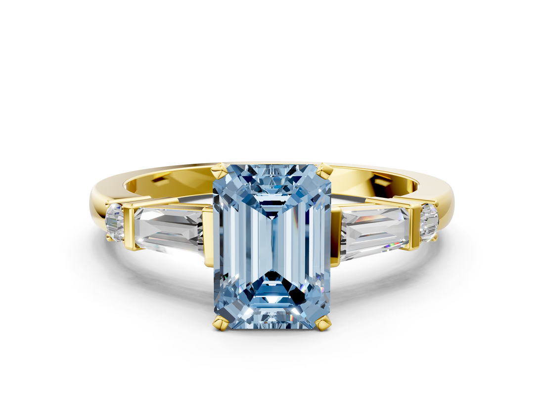 Yellow gold Fancy Blue Emerald  Cut Diamond Ring with Baguette Side Stones, Channel Set Band, and Four-Prong Setting_3