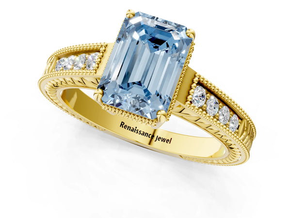 Yellow gold Fancy Blue Emerald Cut Diamond Ring with Milgrain Pavé Band and Four-Prong Setting