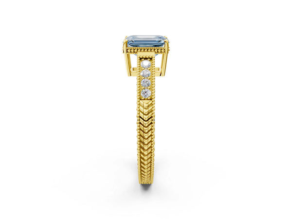 Yellow gold Fancy Blue Emerald Cut Diamond Ring with Milgrain Pavé Band and Four-Prong Setting