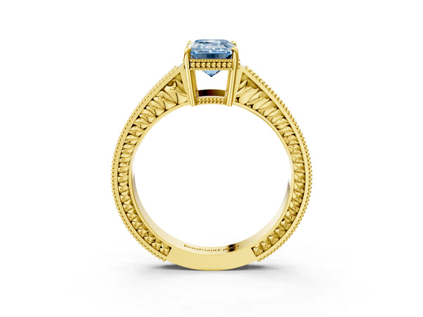 Yellow gold Fancy Blue Emerald Cut Diamond Ring with Milgrain Pavé Band and Four-Prong Setting