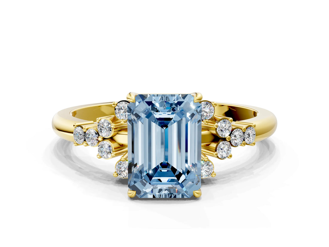 Yellow gold Fancy Blue Emerald Cut Diamond Ring with Side Stones and Four-Prong Setting_92