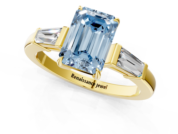 Yellow gold Fancy Blue Emerald  Cut Diamond Ring with Tapered Baguette Side Stones in Four-Prong Setting