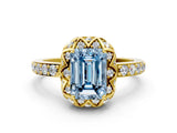 Yellow gold Fancy Blue Emerald Cut Diamond Scalloped Halo Engagement Ring with Round Shared Prong Band_12