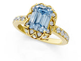 Yellow gold Fancy Blue Emerald Cut Diamond Scalloped Halo Engagement Ring with Round Shared Prong Band_13