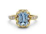 Yellow gold Fancy Blue Emerald Cut Diamond Scalloped Halo Engagement Ring with Round Shared Prong Band_24