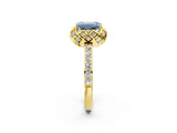 Yellow gold Fancy Blue Emerald Cut Diamond Scalloped Halo Engagement Ring with Round Shared Prong Band_26