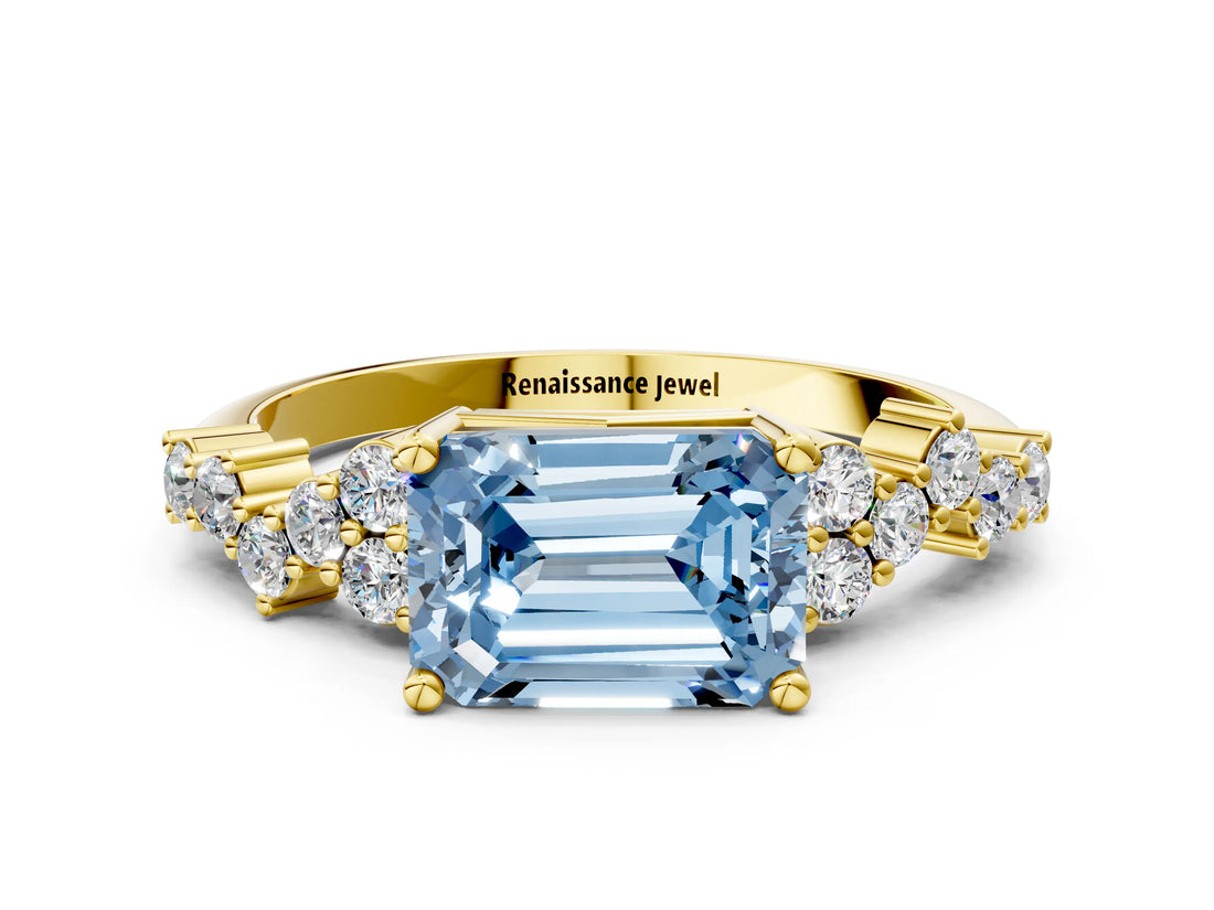 Yellow gold Fancy Blue Emerald Cut Diamond Scattered Round Accent Ring with Prong Setting_12