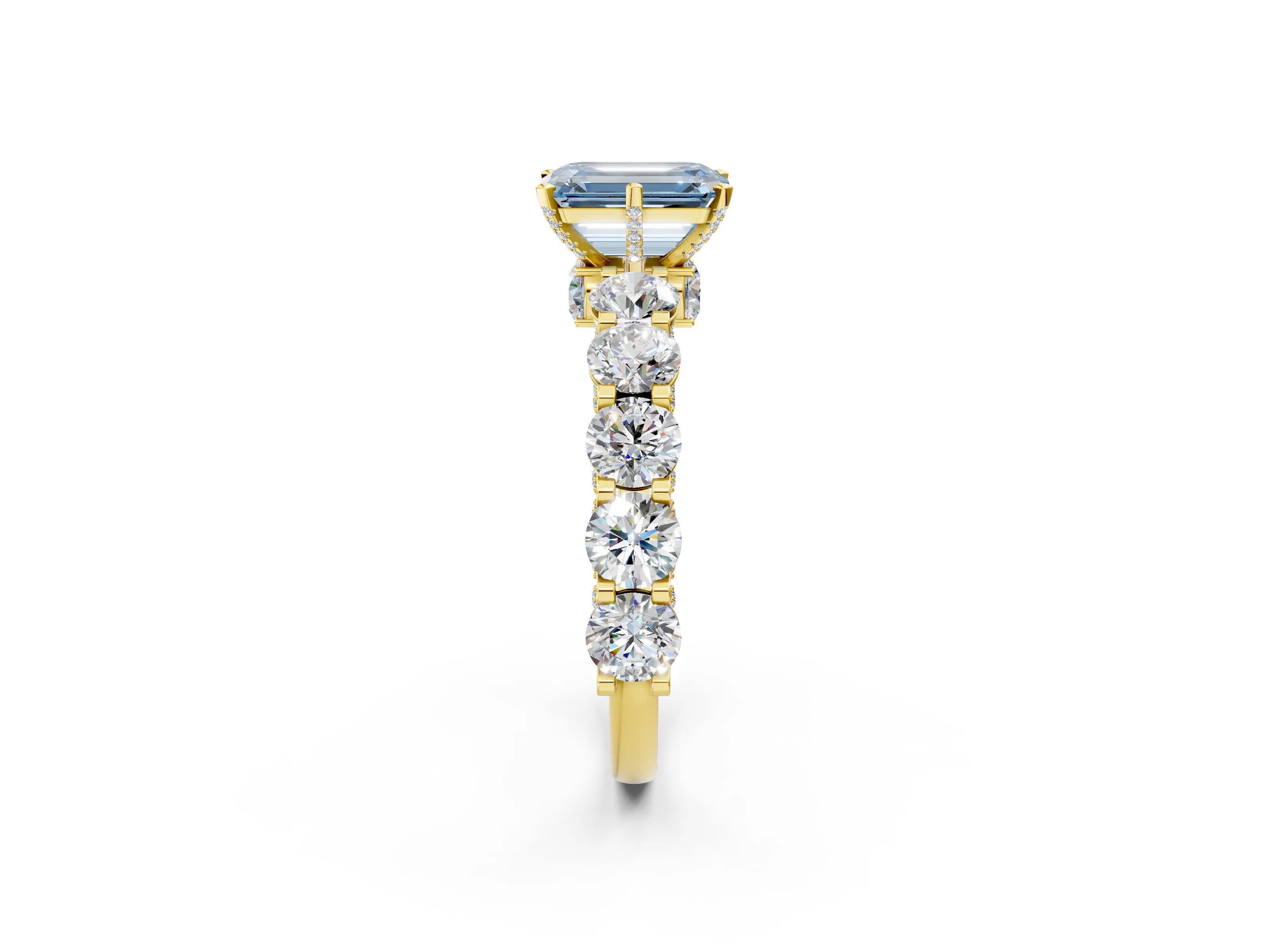 Yellow gold Fancy Blue Emerald Cut Diamond Side Stone Engagement Ring with Four-Prong Setting_26
