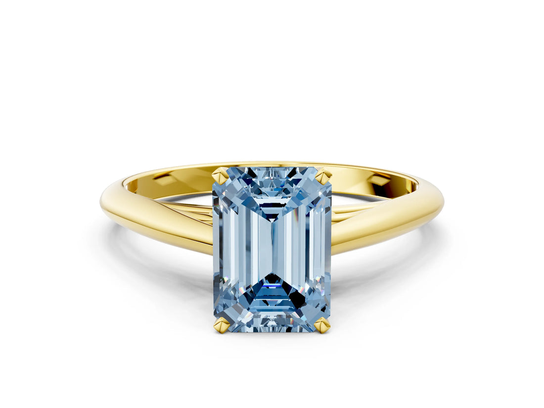 Yellow gold Fancy Blue Emerald Cut Diamond Solitaire Engagement Ring with Cathedral Setting and Four-Prong Mount_30