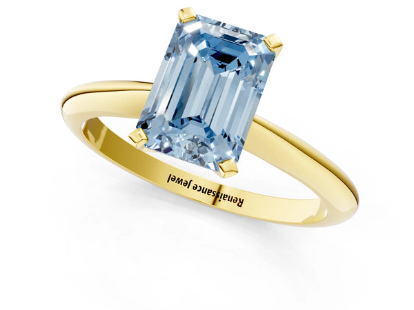 Yellow gold Fancy Blue Emerald Cut Diamond Solitaire Engagement Ring with Classic Band and Four-Prong Setting