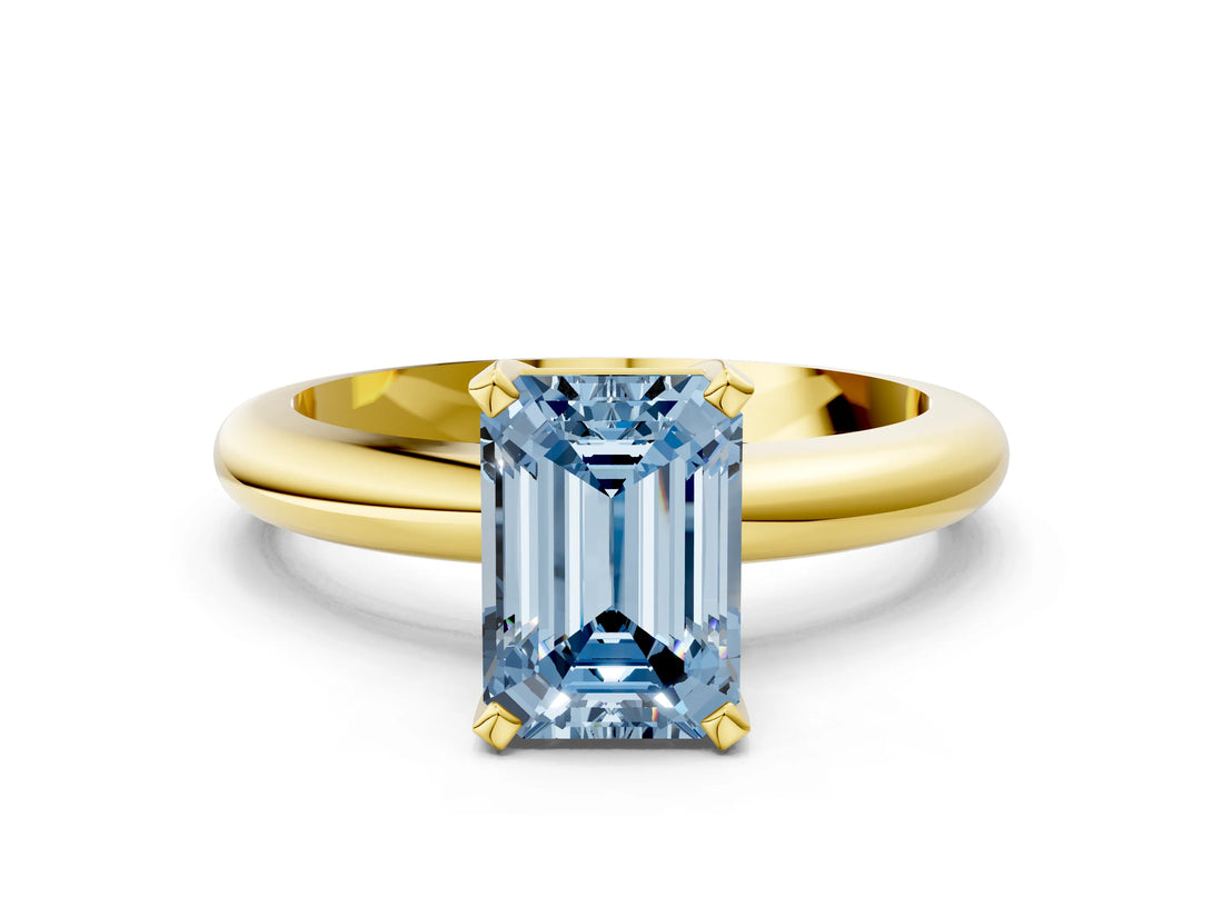 Yellow gold Fancy Blue Emerald Cut Diamond Solitaire Engagement Ring with Round Band and Four-Prong Setting_150
