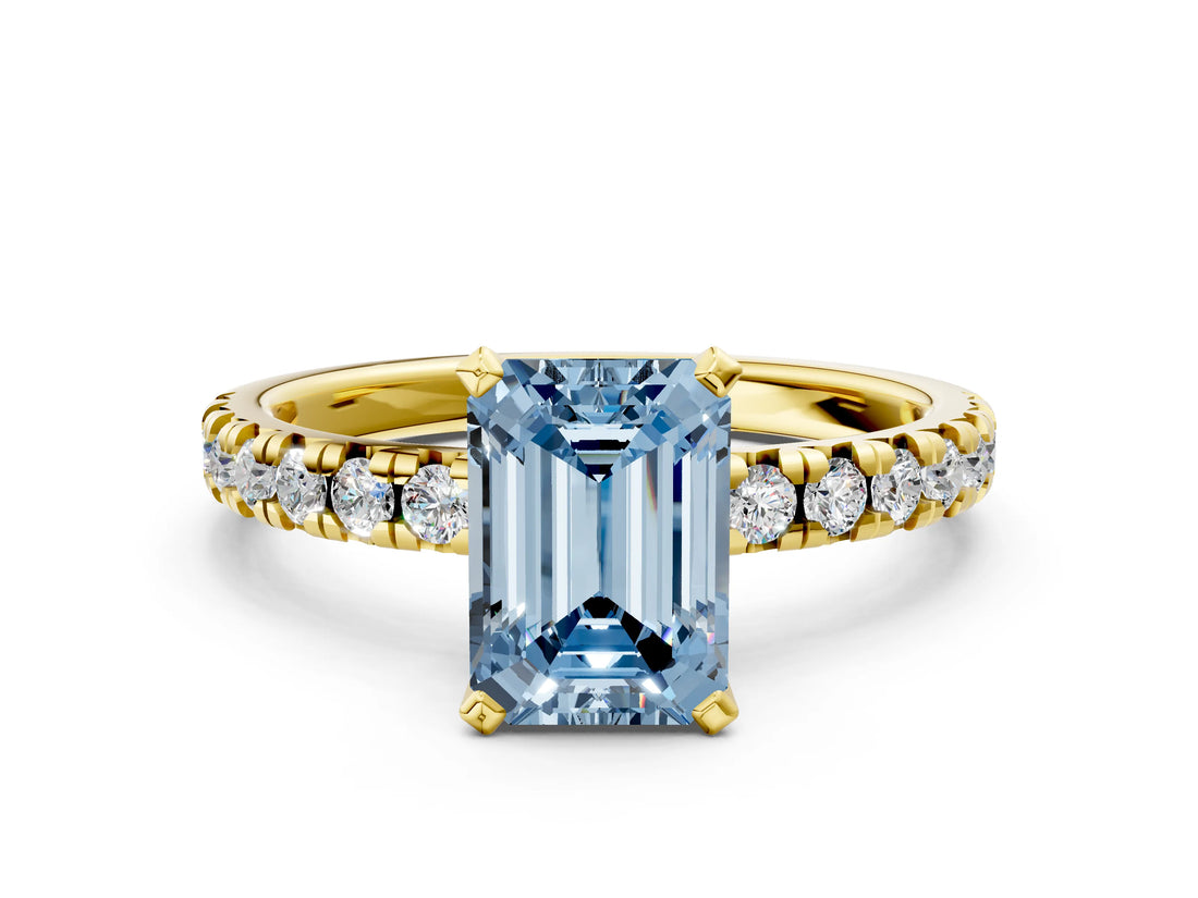 Yellow gold Fancy Blue Emerald Cut Diamond Solitaire Pavé Engagement Ring with Round Band and Prong Setting_56