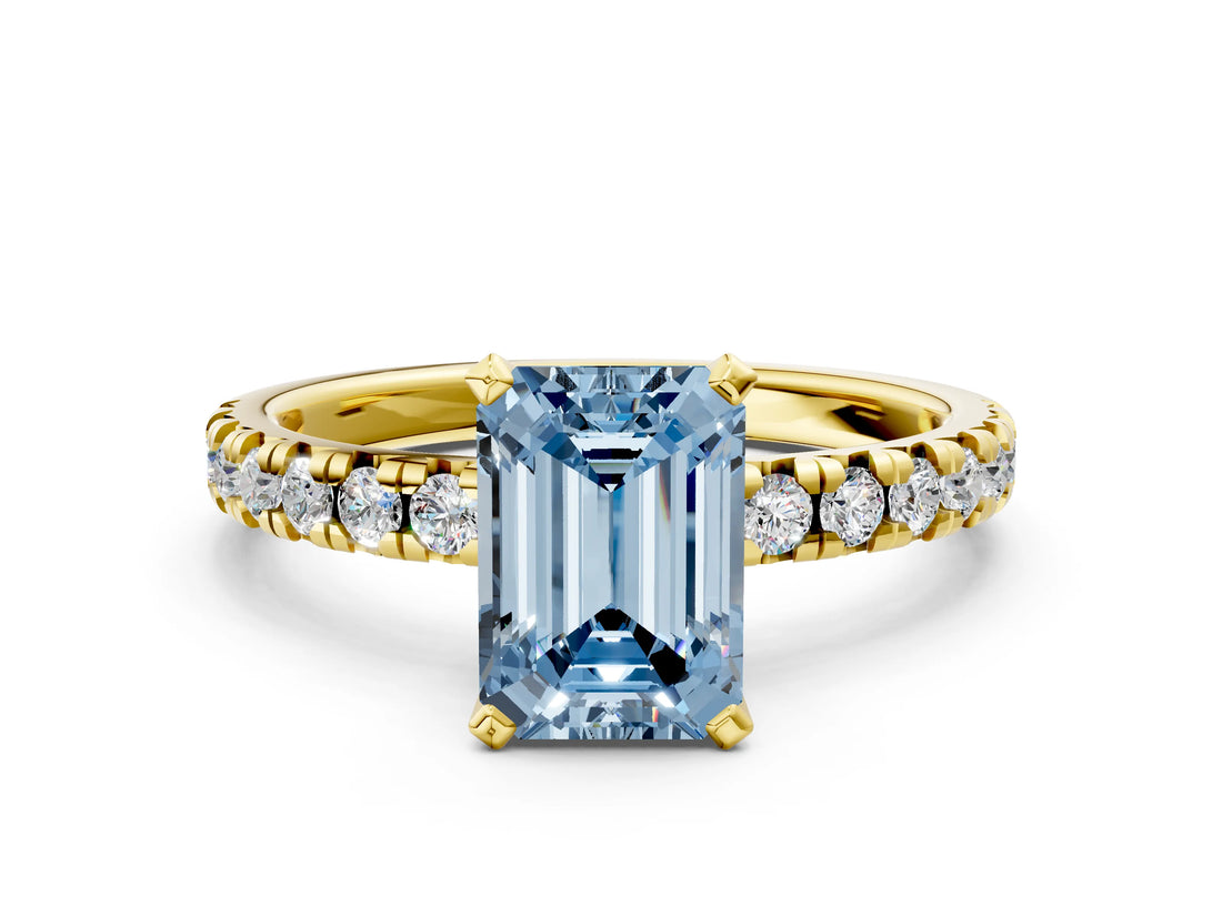 Yellow gold Fancy Blue Emerald Cut Diamond Solitaire Pavé Engagement Ring with Round Band and Prong Setting_74