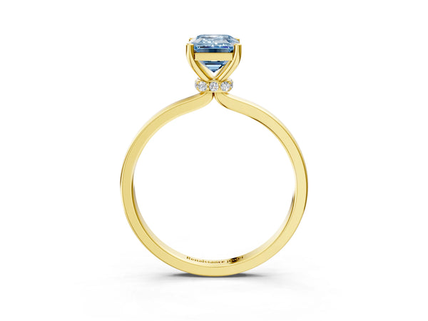 Yellow gold Fancy Blue Emerald Cut Diamond Solitaire Ring with Classic Band and Four-Prong Setting