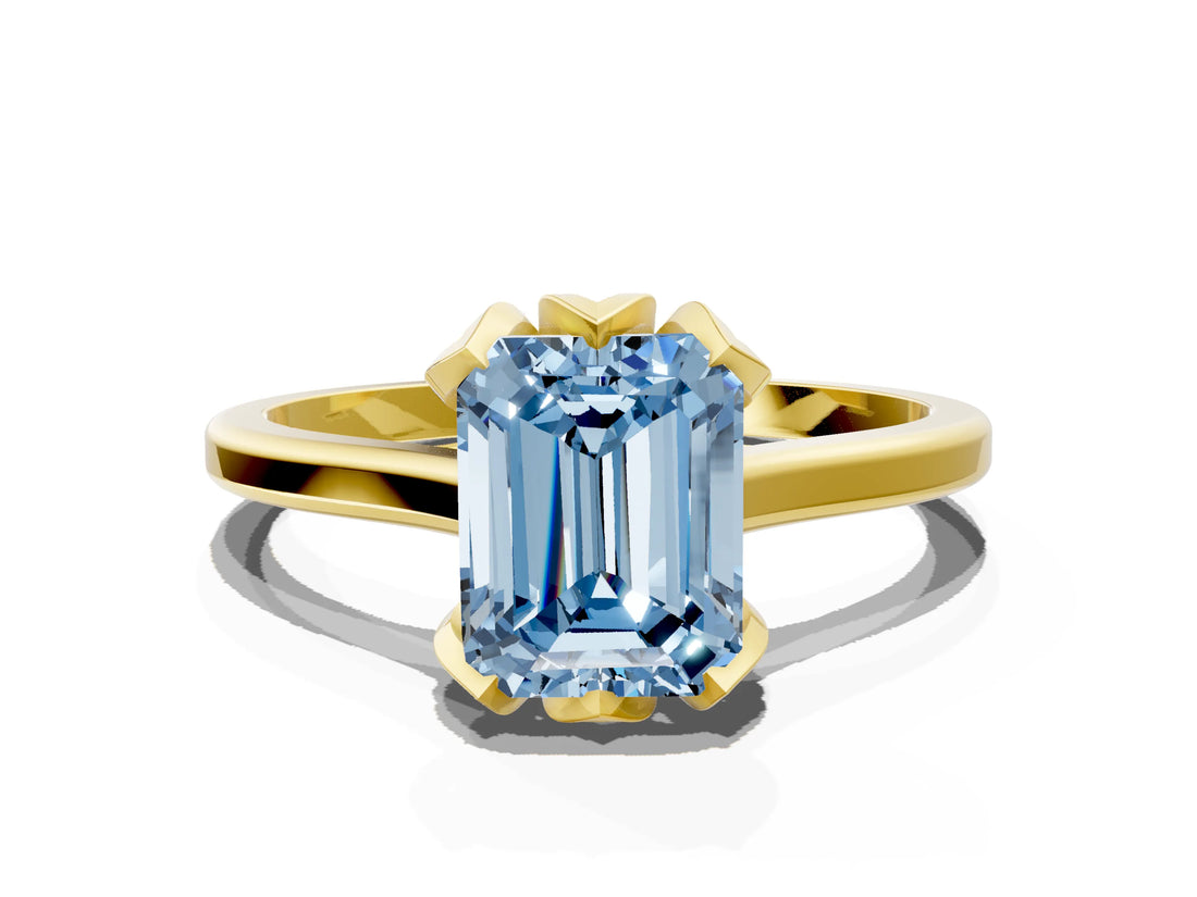 Yellow gold Fancy Blue Emerald Cut Diamond Solitaire Ring with Flower Prong Setting and Classic Band_116