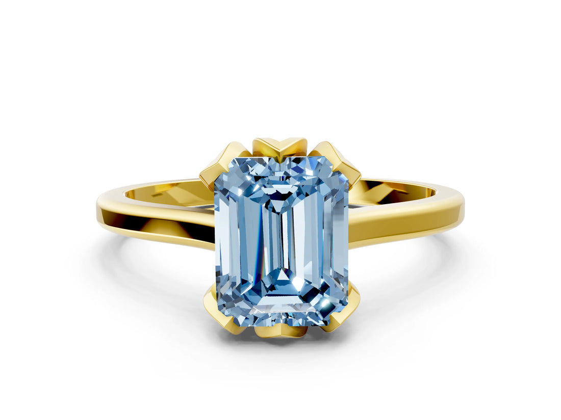 Yellow gold Fancy Blue Emerald Cut Diamond Solitaire Ring with Flower Prong Setting and Classic Band_36