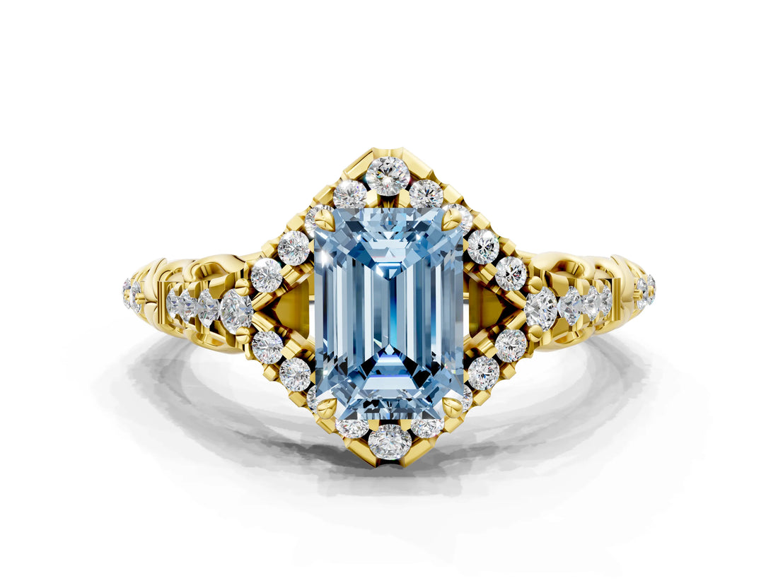 Yellow gold Fancy Blue Emerald Cut Diamond Solitaire Ring with Hidden Halo and Pavé Band_27