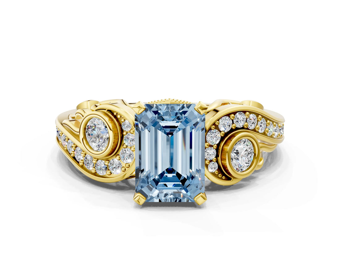 Yellow gold Fancy Blue Emerald Cut Diamond Solitaire Ring with Milgrain Pavé Band and Four-Prong Setting_171