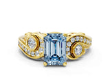 Yellow gold Fancy Blue Emerald Cut Diamond Solitaire Ring with Milgrain Pavé Band and Four-Prong Setting_171