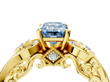 Yellow gold Fancy Blue Emerald Cut Diamond Solitaire Ring with Milgrain Pavé Band and Four-Prong Setting_175
