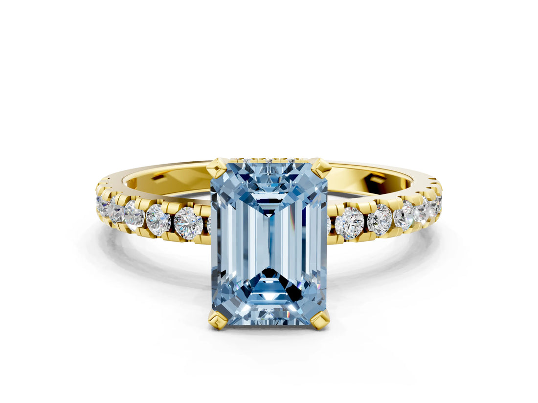 Yellow gold Fancy Blue Emerald Cut Diamond Solitaire Ring with Pavé Band and Four-Prong Setting_65