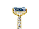 Yellow gold Fancy Blue Emerald Cut Diamond Solitaire Ring with Pavé Band and Hidden Halo_25
