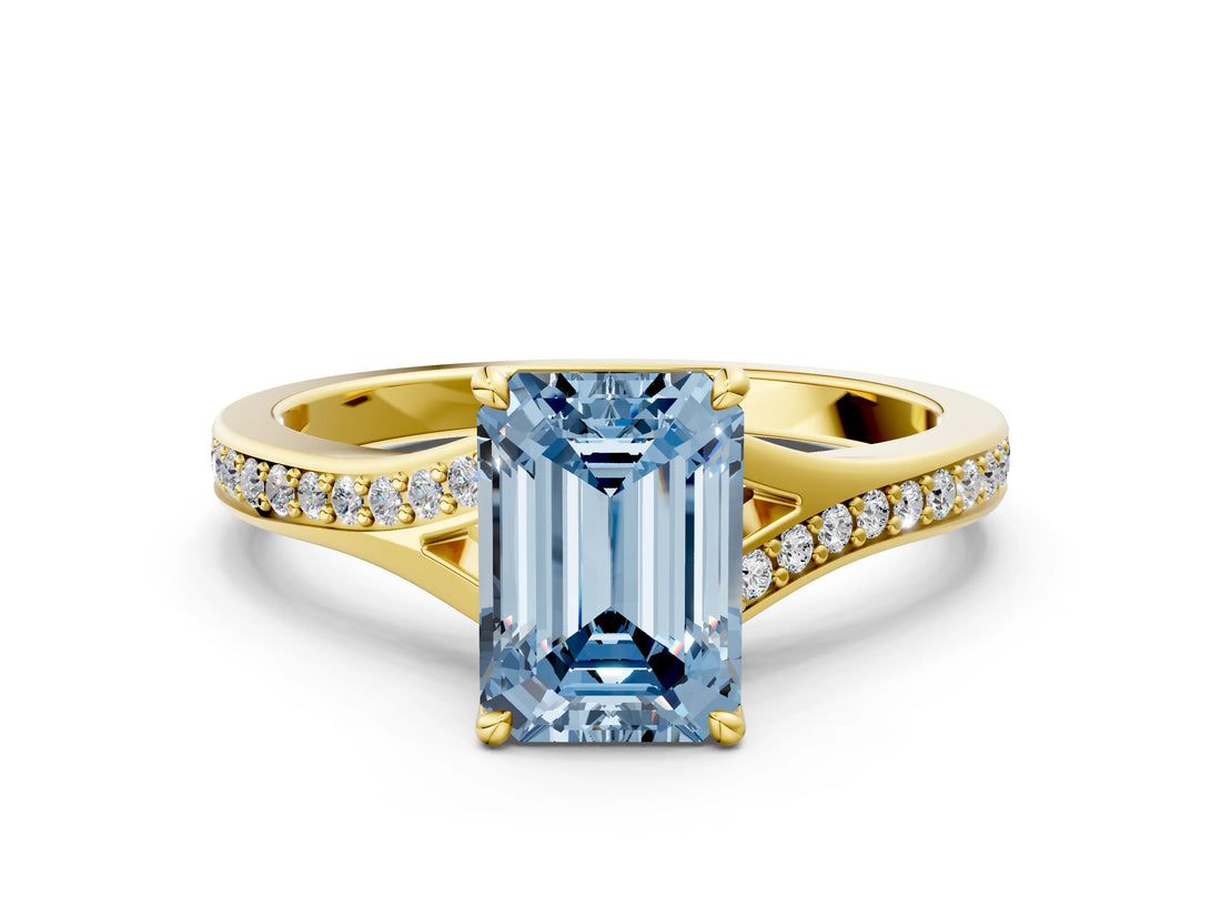 Yellow gold Fancy Blue Emerald Cut Diamond Solitaire Ring with Pavé Band and Prong Setting_12