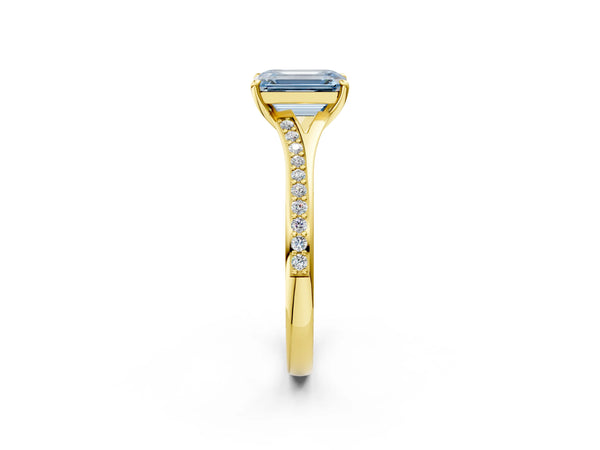 Yellow Gold Emerald Cut Pave Solitaire Engagement Ring Setting for Fancy Blue Center with Sweeping Shoulders