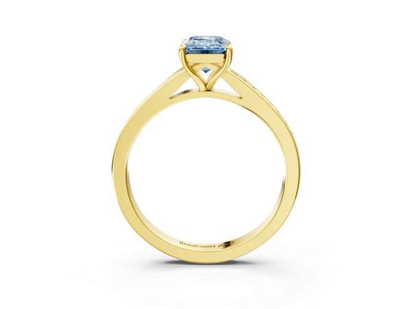 Yellow Gold Emerald Cut Pave Solitaire Engagement Ring Setting for Fancy Blue Center with Sweeping Shoulders