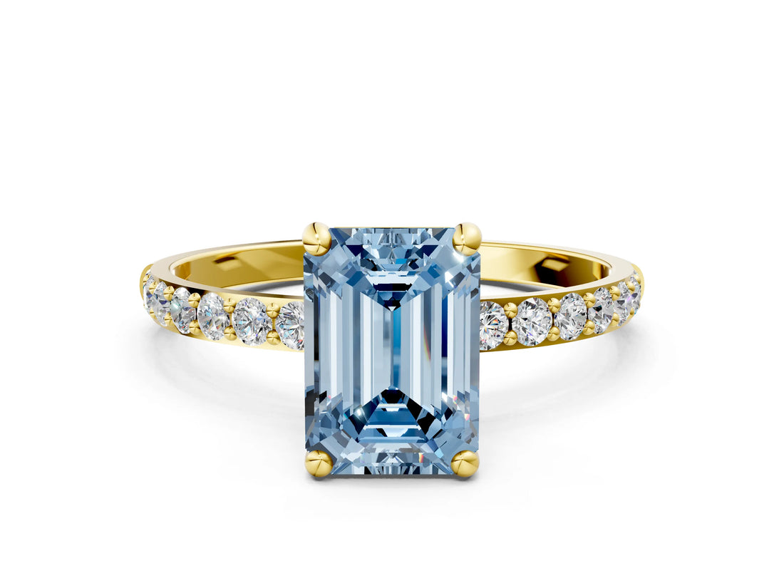 Yellow gold Fancy Blue Emerald Cut Diamond Solitaire Ring with Pave Band and Four Prong Setting_89