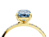Yellow gold Fancy Blue Emerald Cut Diamond Solitaire Ring with Pave Band and Four Prong Setting_93