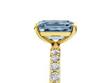 Yellow gold Fancy Blue Emerald Cut Diamond Solitaire Ring with Pave Band and Four Prong Setting_94