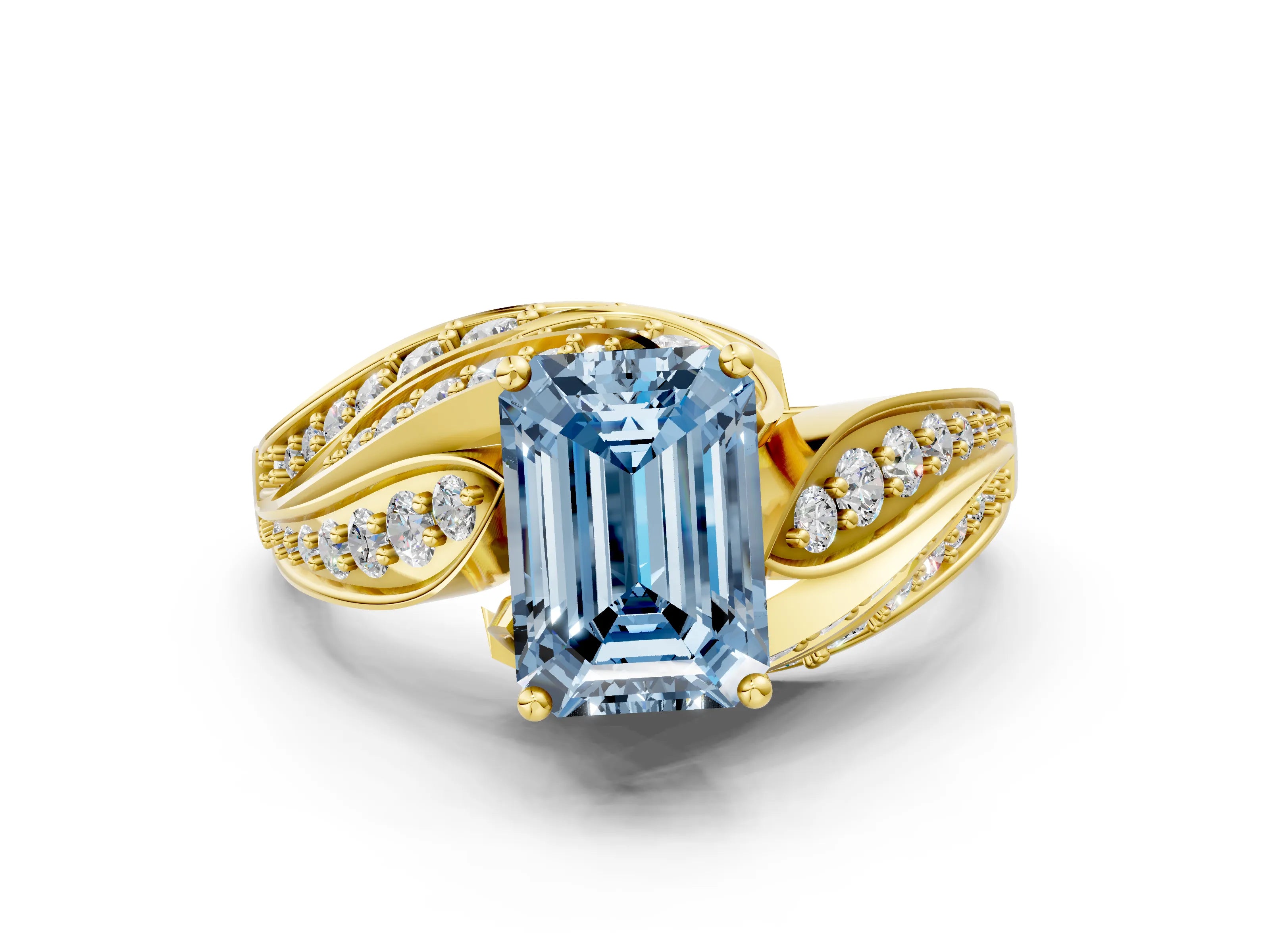 Yellow gold Fancy Blue Emerald Cut Diamond Solitaire Ring with Prong Setting and Twisted Pavé Band
