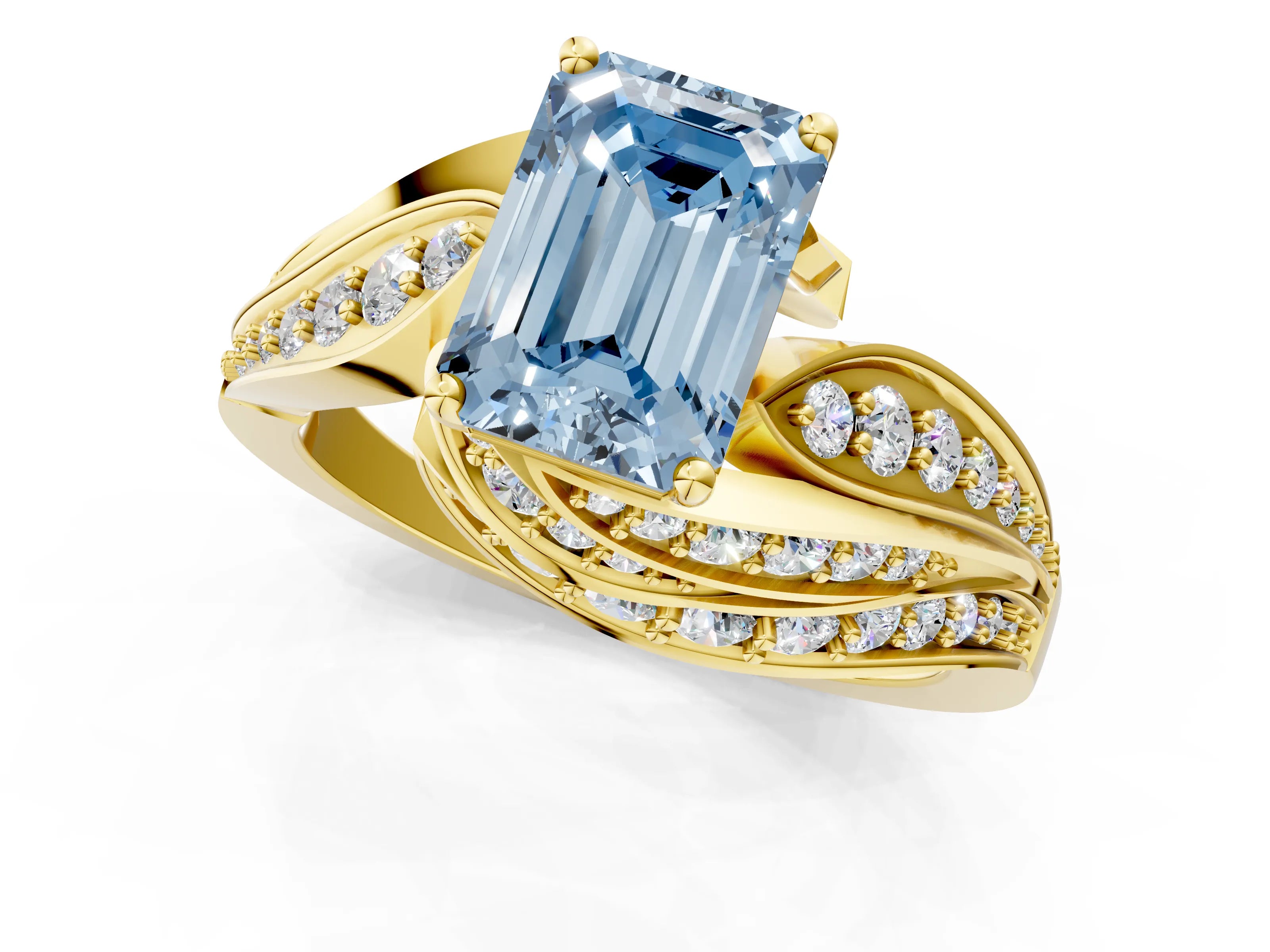 Yellow gold Fancy Blue Emerald Cut Diamond Solitaire Ring with Prong Setting and Twisted Pavé Band_1