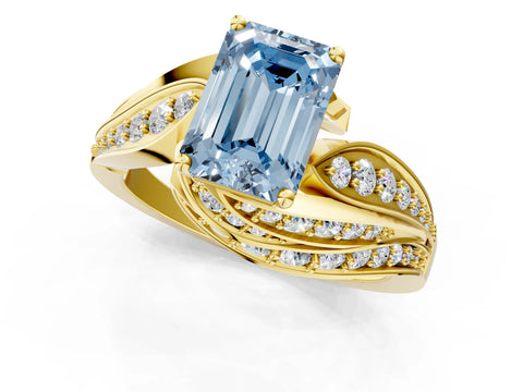 Yellow gold Fancy Blue Emerald Cut Diamond Solitaire Ring with Prong Setting and Twisted Pavé Band_1