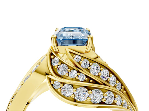 Yellow gold Fancy Blue Emerald Cut Diamond Solitaire Ring with Prong Setting and Twisted Pavé Band_4