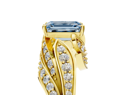 Yellow gold Fancy Blue Emerald Cut Diamond Solitaire Ring with Prong Setting and Twisted Pavé Band_5