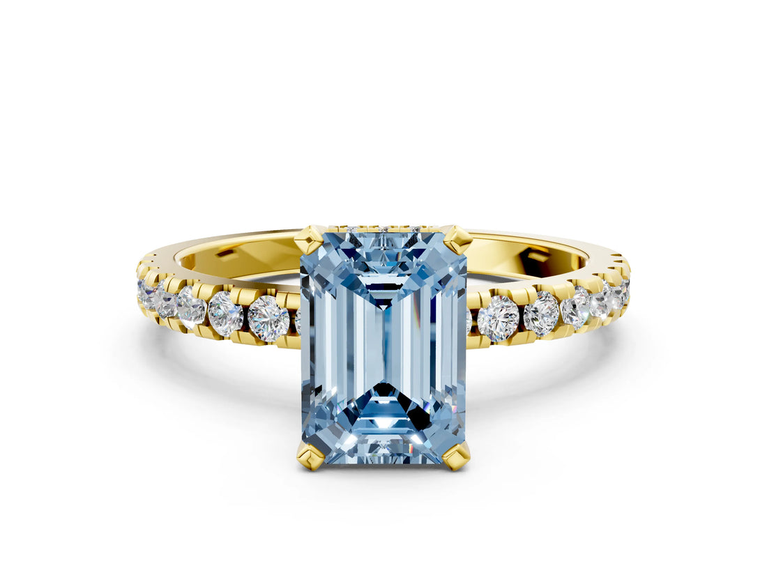 Yellow gold Fancy Blue Emerald Cut Diamond Solitaire Ring with Round  Pavé Band and Four-Prong Setting_36