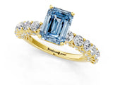 Yellow gold Fancy Blue Emerald Cut Diamond Solitaire Ring with Shared Prong Pavé Band and Four-Prong Setting_58