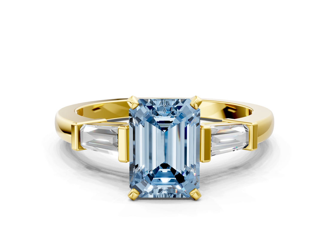 Yellow gold Fancy Blue Emerald  Cut Diamond Solitaire Ring with Tapered Baguette Accents and Four-Prong Setting_63