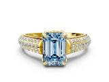 Yellow gold Fancy Blue Emerald Cut Diamond Solitaire Ring with Three-Row Pavé Band and Four-Prong Setting_37