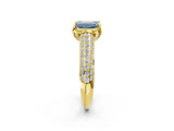Yellow gold Fancy Blue Emerald Cut Diamond Solitaire Ring with Three-Row Pavé Band and Four-Prong Setting_39