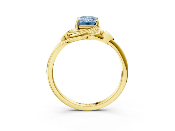 Yellow gold Fancy Blue Emerald Cut Diamond Solitaire Ring with Twist Band and Four-Prong Setting